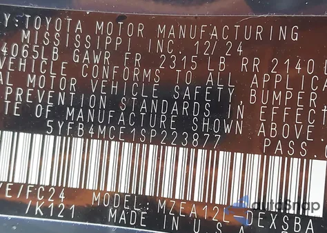2025 Toyota Corolla Fx from USA, damaged, VIN 5YFB4MCE1SP223877